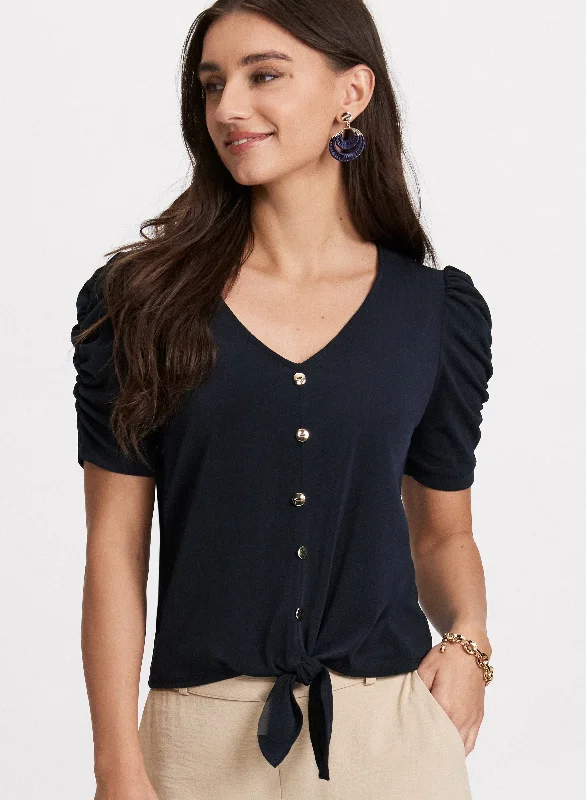 Button-Front Shirred Sleeve Top