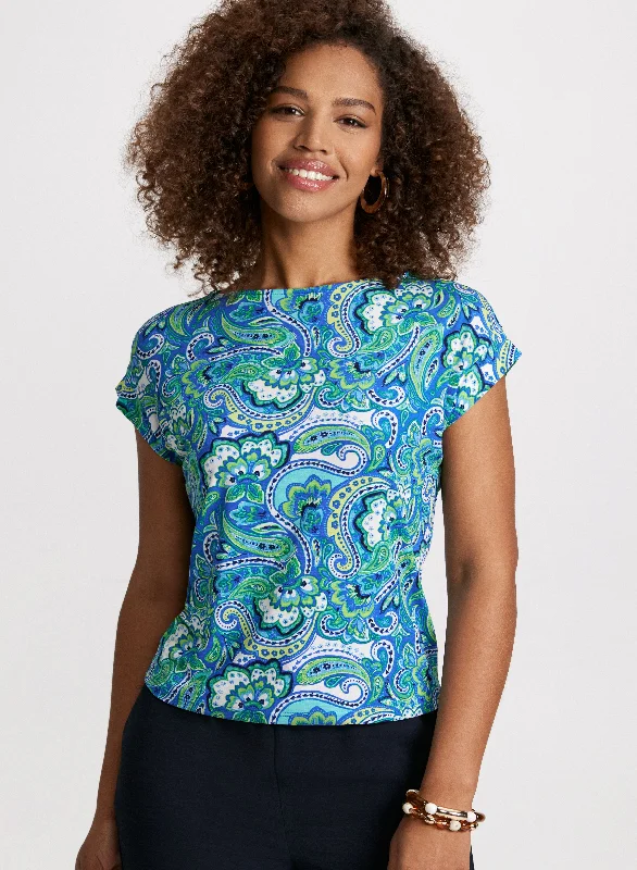 Cuffed Sleeve Paisley Print Top