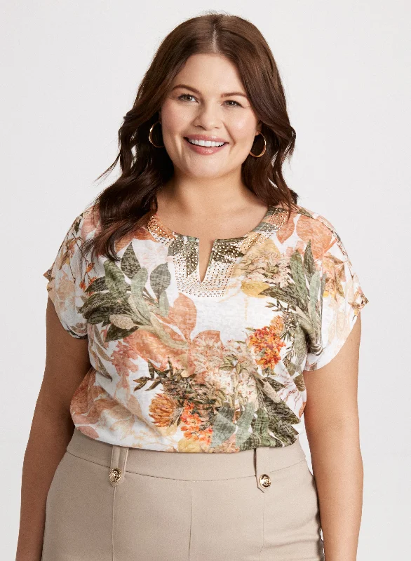 Embellished Floral Burnout T-Shirt