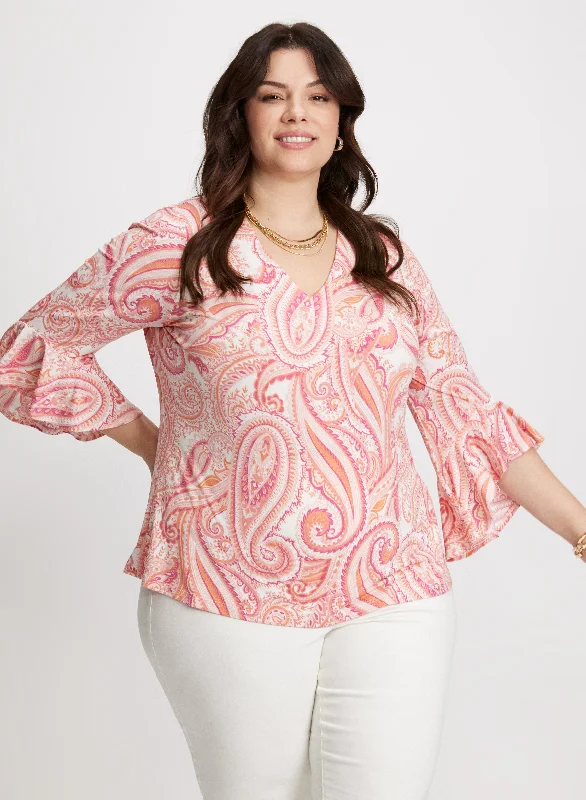 Ruffled Sleeve Paisley Top