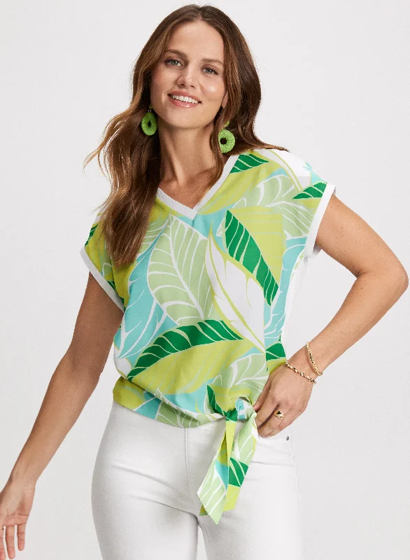 Tied-Hem Leaf Print Top