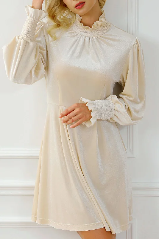 Apricot Shirred Collar Bubble Sleeve Mini Dress Trendy Mini Dress with Belt