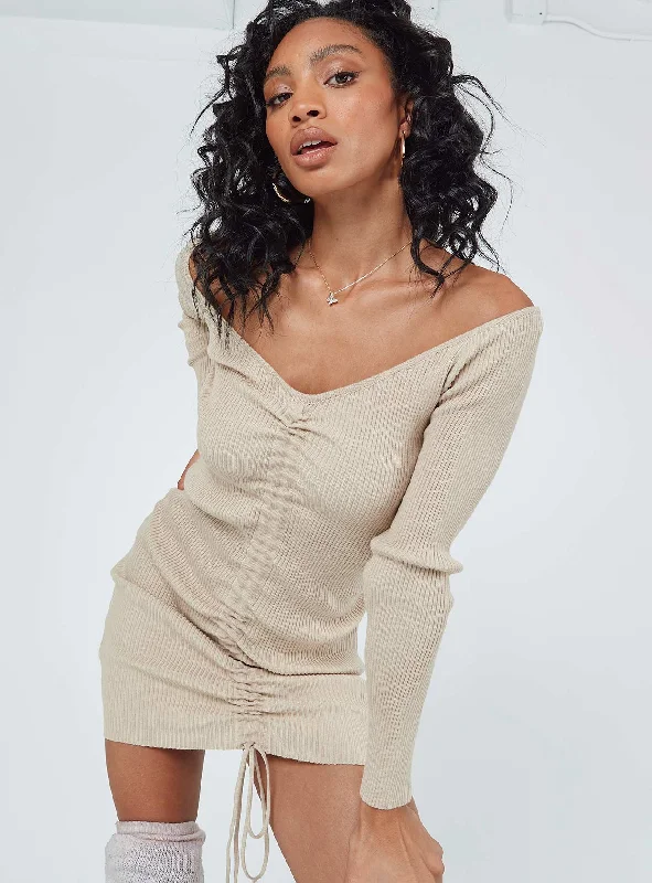 Avanti Long Sleeve Mini Dress Beige Trendy Off-Shoulder Dress Mini