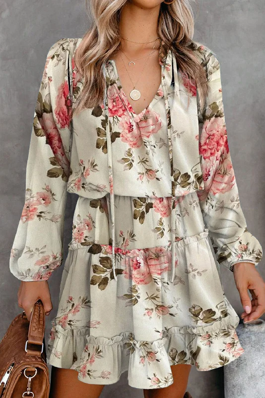 Beige Floral Split Neck Cinched Waist Ruffle Mini Dress Cozy A-Line Mini Dress