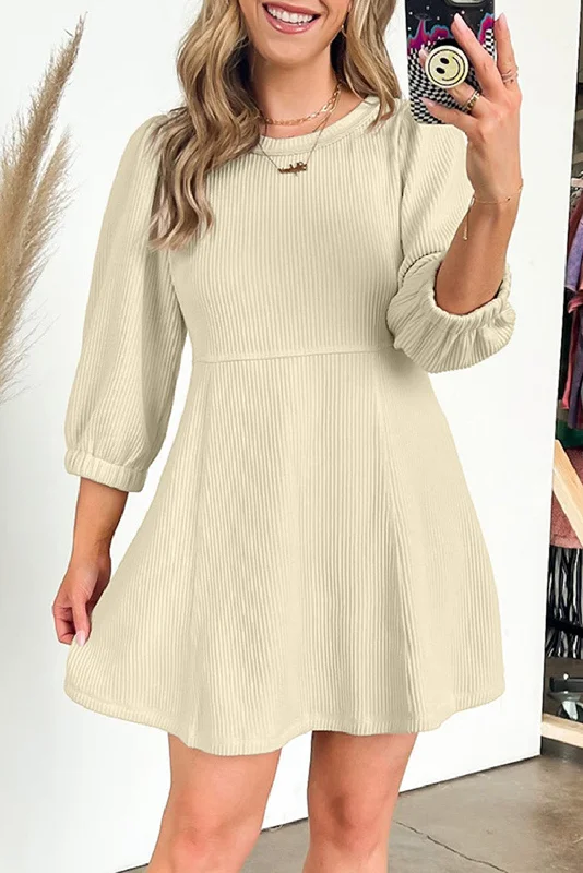 Beige Ribbed Knit Puff Sleeve Flared Mini Dress Comfortable Ruffle Mini Dress