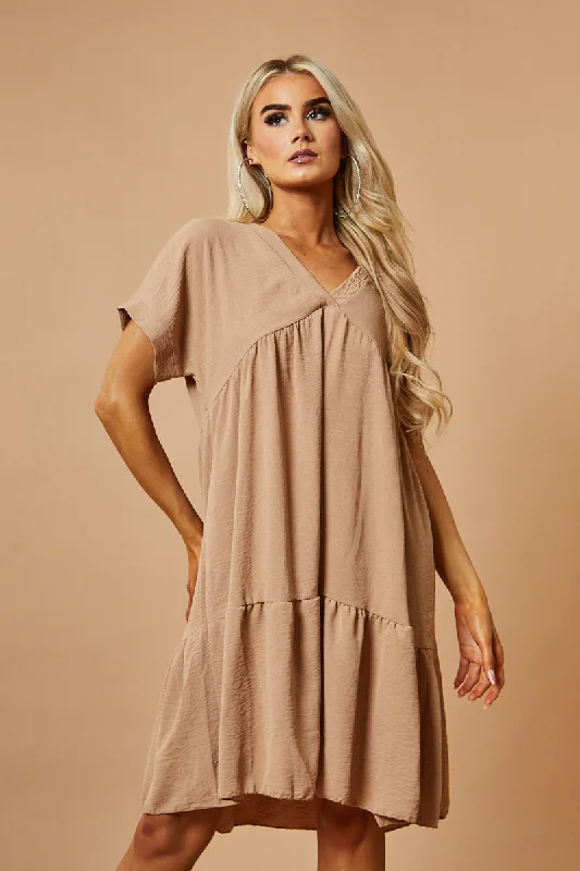 Beige V-Neck Tiered Frill Mini Dress - Kate Fashionable A-Line Mini Dress