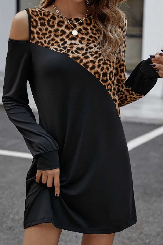 Black Asymmetric Cold Shoulder Leopard Colorblock Mini Dress Comfortable Polka Dot Mini Dress
