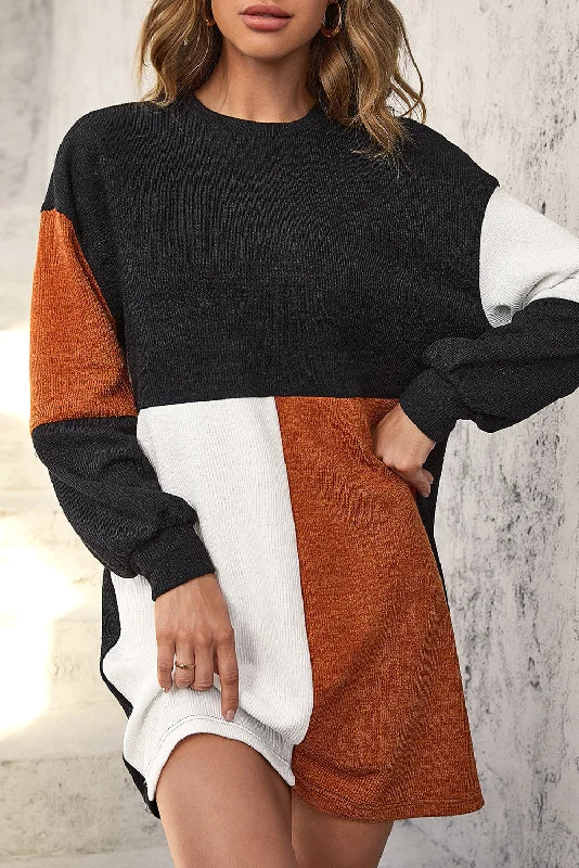 Black Color Block Drop Shoulder Rib Knit Mini Dress Stylish Short-Sleeve Mini Dress