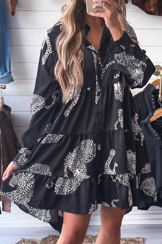Black Leopard Print Button-up Long Sleeve Shirt Mini Dress Classic White Mini Dress