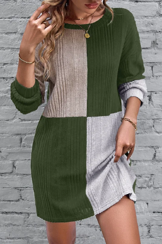 Black Ribbed Color Block Drop Shoulder Long Sleeve Mini Dress Stylish Summer Mini Dress