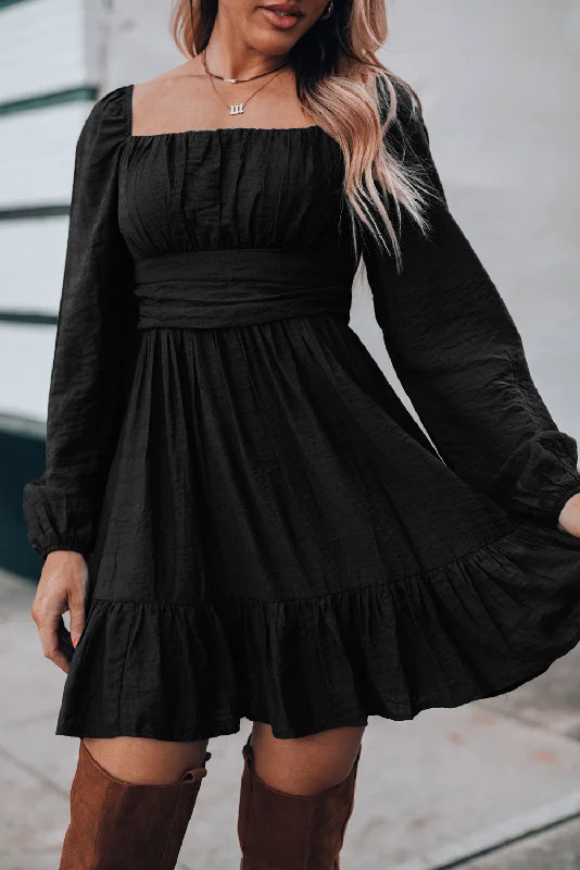 Black Ruched Square Neck Puff Sleeve Mini Dress Cozy Cotton Mini Dress
