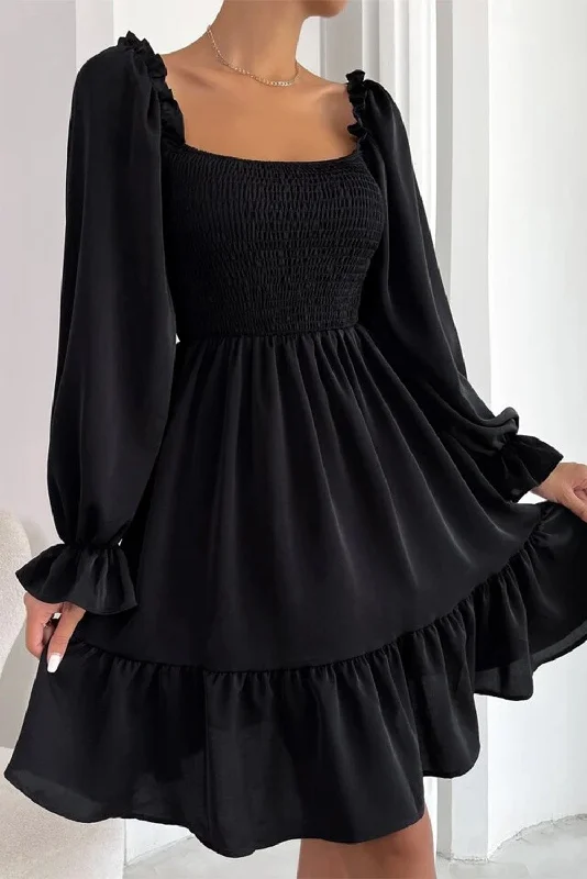 Black Smocked Puff Sleeve Ruffle Mini Dress Casual Mini Dress with Pockets