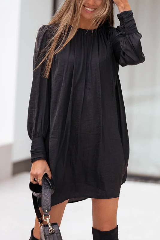 Black Solid Bishop Sleeve Pleated Mini Dress Trendy Tie-Dye Mini Dress