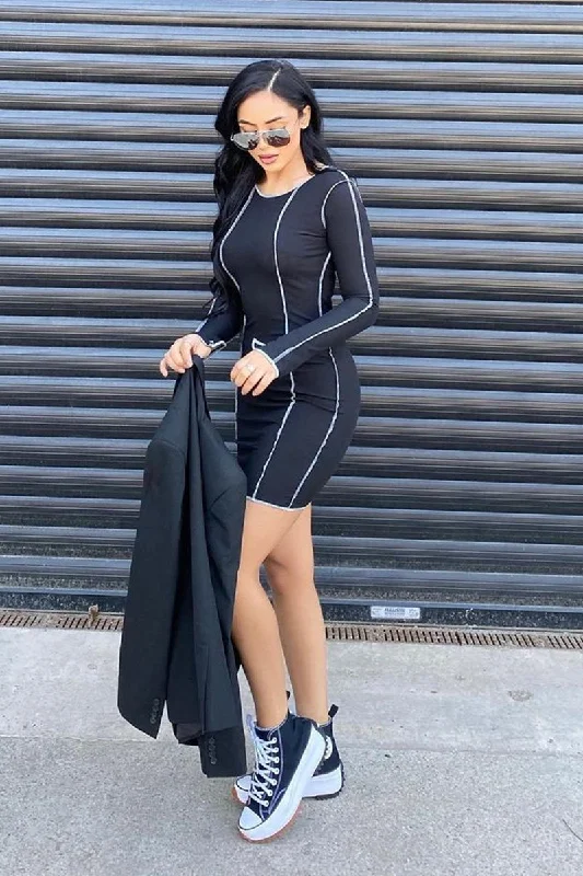 Black White Contrast Stitch Ribbed Mini Dress - Daniah Stylish Sweetheart Mini Dress
