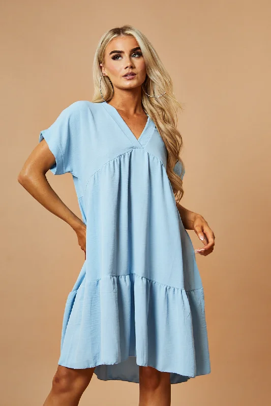 Blue V-Neck Tiered Frill Mini Dress - Kate Elegant Satin Mini Dress