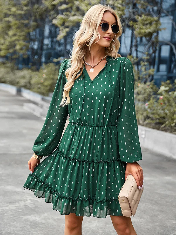 Casual V-Neck Polka Dot Long Sleeve Mini Dress Trendy Bodycon Mini Dress