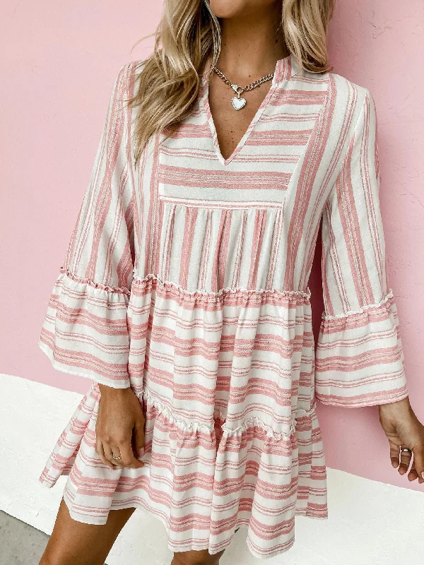 Casual V-Neck Long Sleeve Printed Loose Mini Dress Comfortable Casual Mini Dress