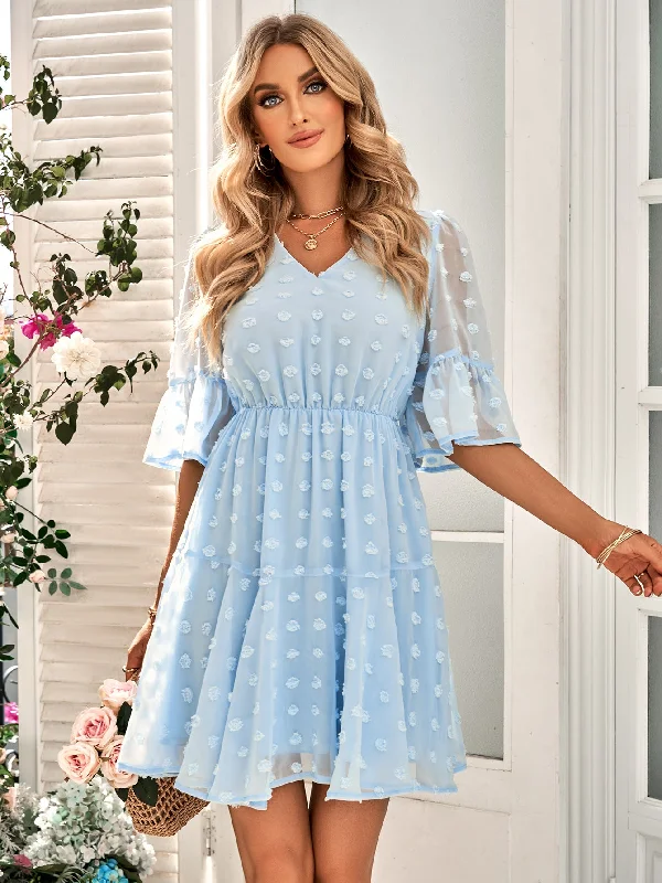 V-Neck Short Sleeve Swiss Dot Pleated Chiffon Mini Dress Fashionable Pleated Mini Dress