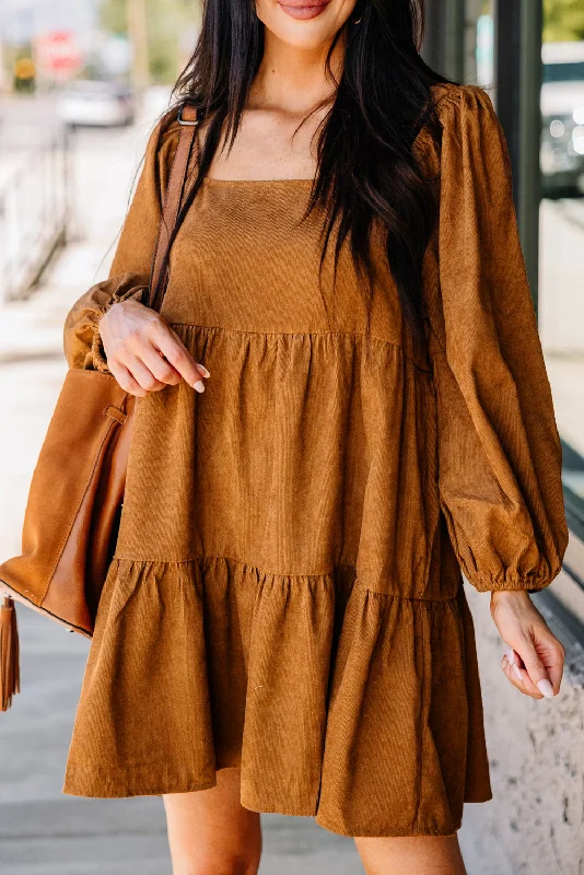 Chestnut Square Neck Puff Sleeve Tiered Corduroy Mini Dress Modern Satin Mini Dress