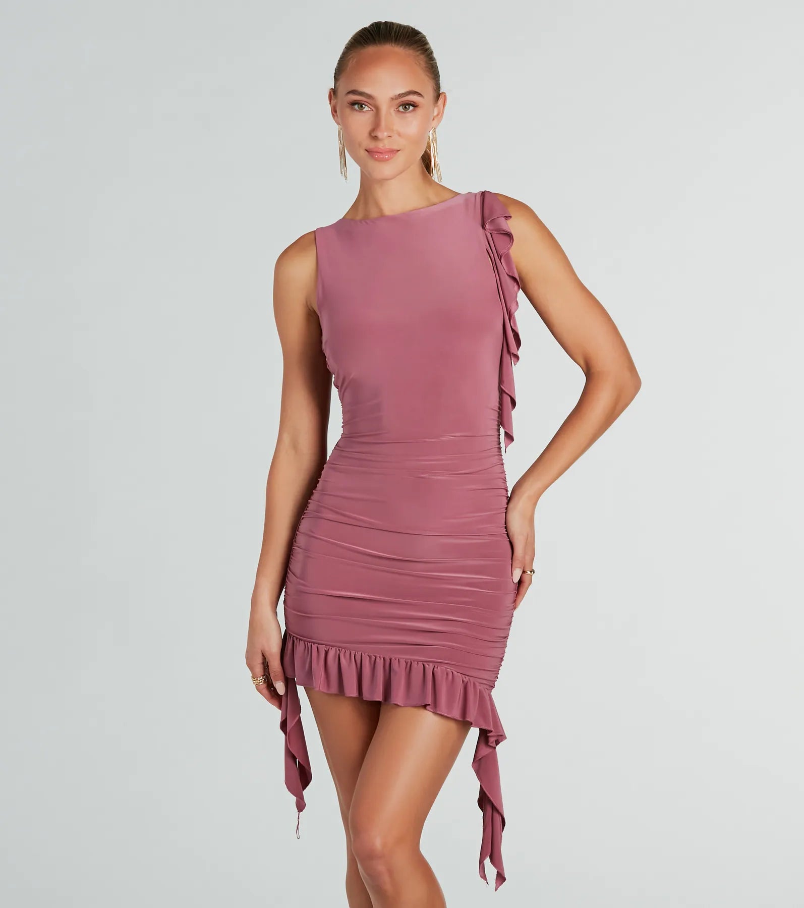 Chic Status Ruffled And Ruched Mini Dress Classic Striped Mini Dress