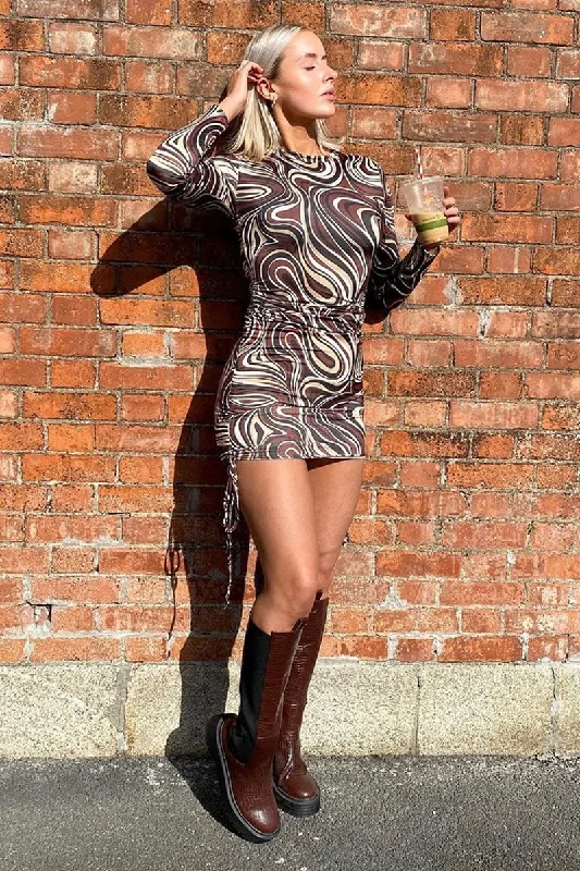 Chocolate Marble Print Long Sleeve Mini Dress - Adanna Classic Solid Mini Dress