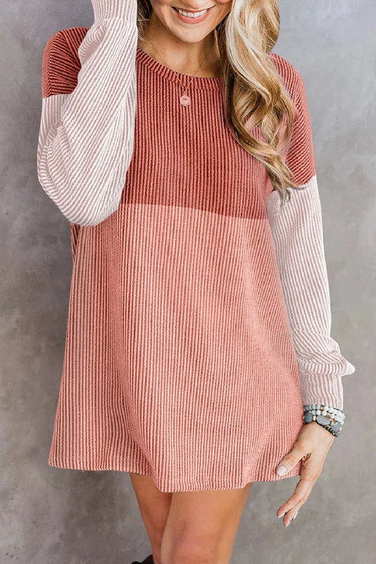Clay Red Colorblock Corded Long Sleeve Mini Dress Stylish Floral Print Mini Dress