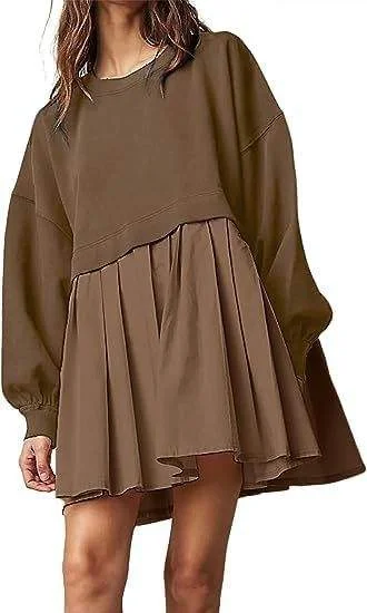 CONTRAST FRENCH TERRY PLEATED MINI DRESS Comfortable One-Shoulder Mini Dress