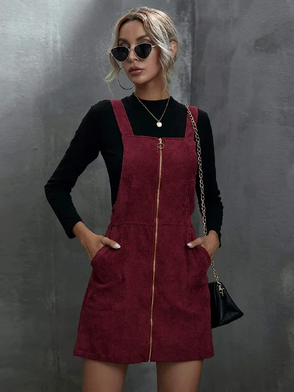 CORDUROY O RING ZIPPER MINI OVERALL DRESS Stylish Plaid Mini Dress
