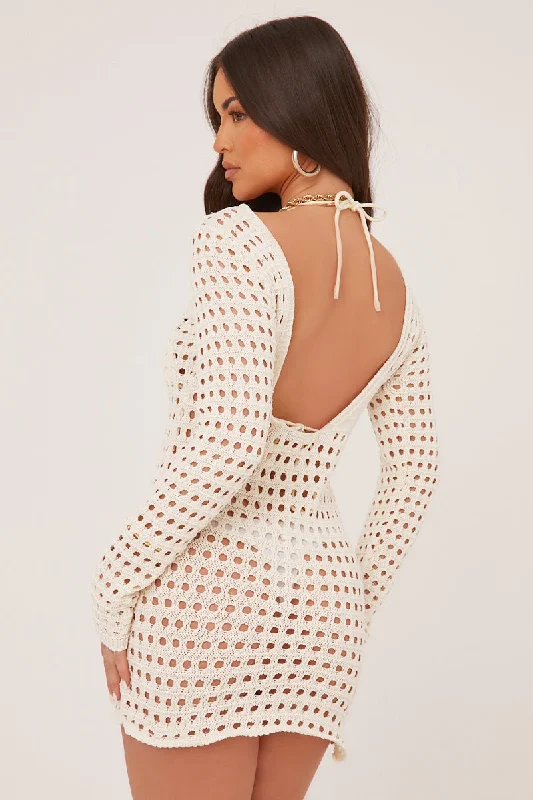 Cream Crochet Scoop Back Mini Dress - Mazi Stylish Ribbed Mini Dress