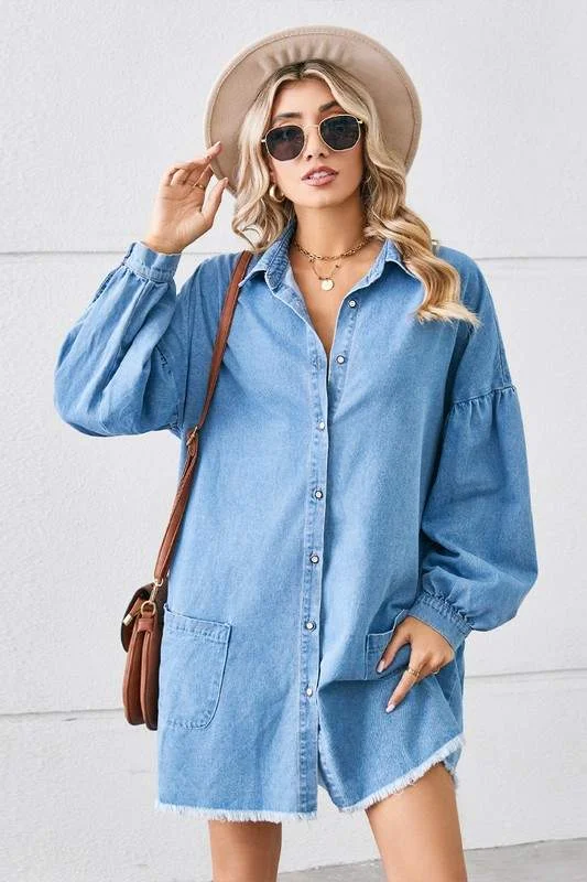 DENIM FRAYED HEM MINI DRESS Fashionable Button-Front Mini Dress