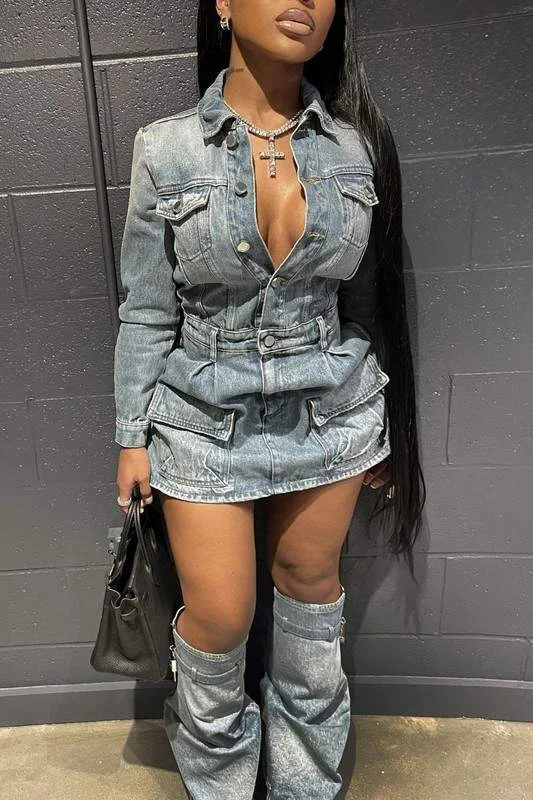 DENIM MINI DRESS AND LEG WARMERS SET Chic Sleeveless Mini Dress