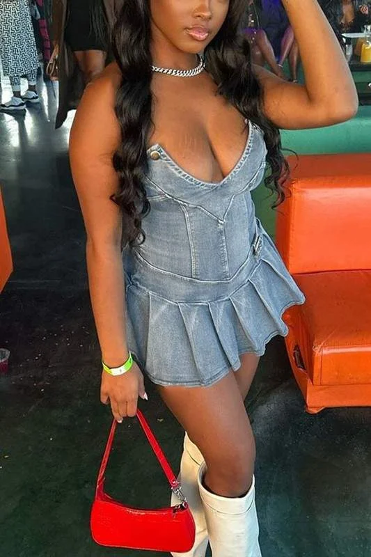DENIM PLEATED MINI DRESS Fashionable Mini Dress with Frills