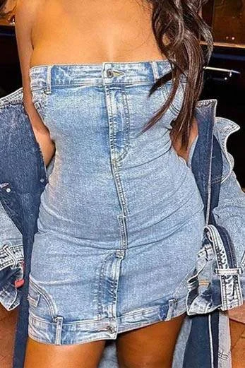 DENIM SLEEVELESS MINI DRESS Stylish Spaghetti Strap Mini Dress
