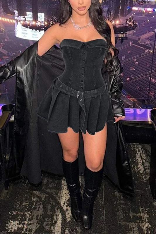 DENIM STRAPLESS PLEATED MINI DRESS Comfortable Ruffle Mini Dress