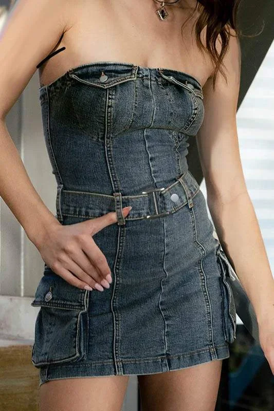 DENIM STRAPLESS TUBE MINI DRESS Fashionable Mini Dress with Slits
