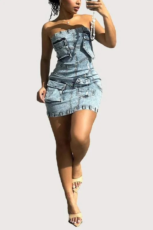 DENIM TUBE BUSTIER MINI DRESS Fashionable Denim Mini Dress