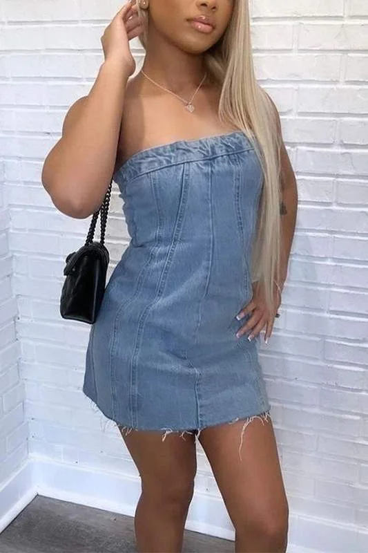 DENIM TUBE PENCIL MINI DRESS Elegant Satin Lace Mini Dress