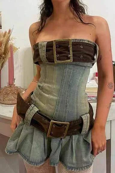DESERT DENIM BELT DESIGN STRAPLESS MINI DRESS Elegant Mini Dress with Pleats