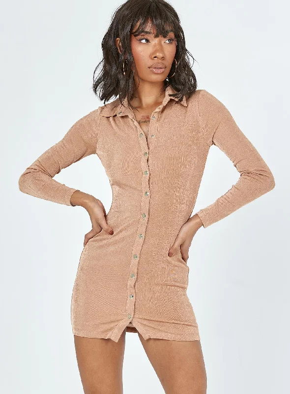 Elody Long Sleeve Mini Dress Brown Comfortable Smocked Mini Dress