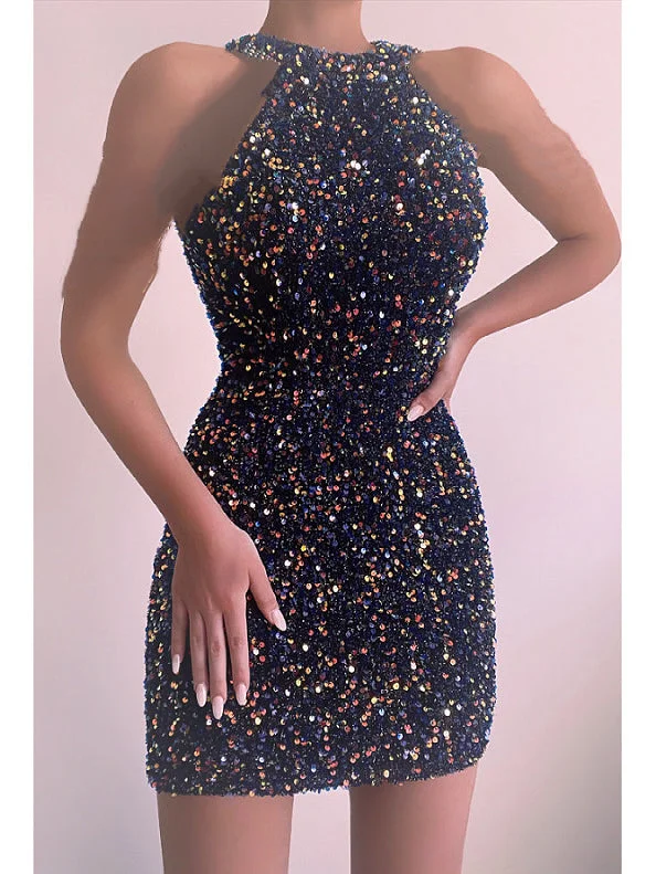 Fashion Sleeveless Halter Neck Sequins Mini Dress Chic Bohemian Mini Dress