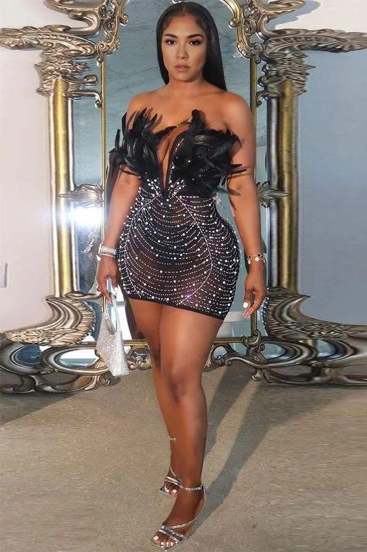 FEATHER RHINESTONES MINI DRESS Comfortable Casual Mini Dress