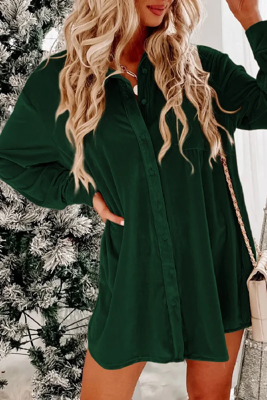 Flaxen Velvet Button Front Shirt Mini Dress Elegant Silk Mini Dress
