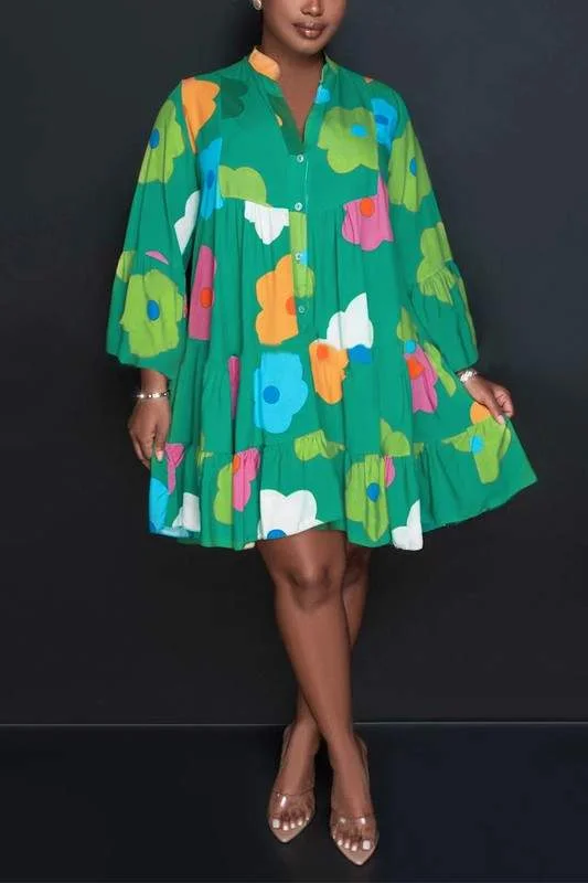 FLORAL LOOSE FIT LONG SLEEVE MINI DRESS Fashionable Summer Mini Dress