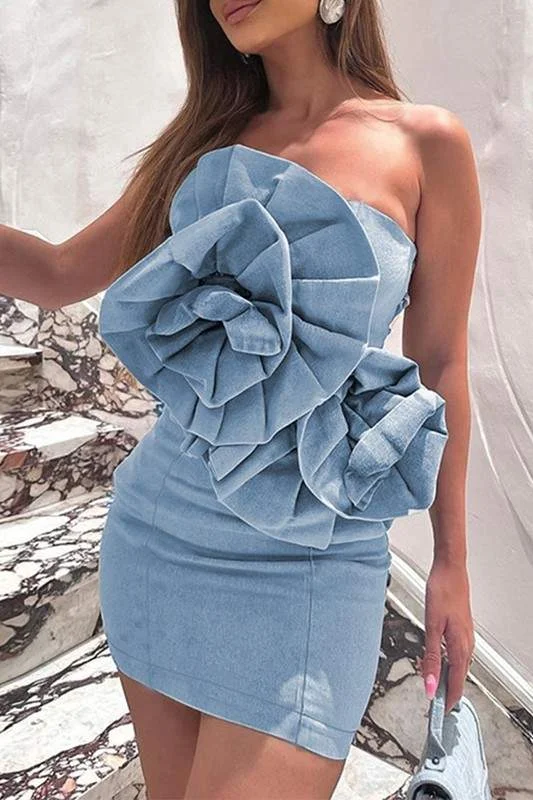 FLORAL TUBE BACKLESS DENIM MINI DRESS Chic Puff Sleeve Mini Dress