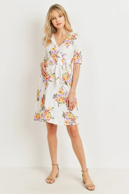 Floral V-neck With Side Tie Maternity Mini Dress Stylish Puff Sleeve Mini Dress