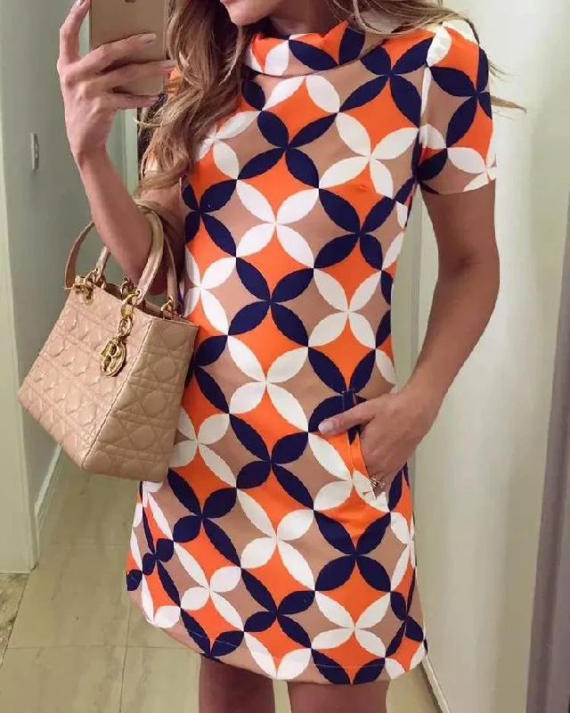 GEO PRINT TURTLE NECK MINI DRESS Chic Sleeveless Mini Dress