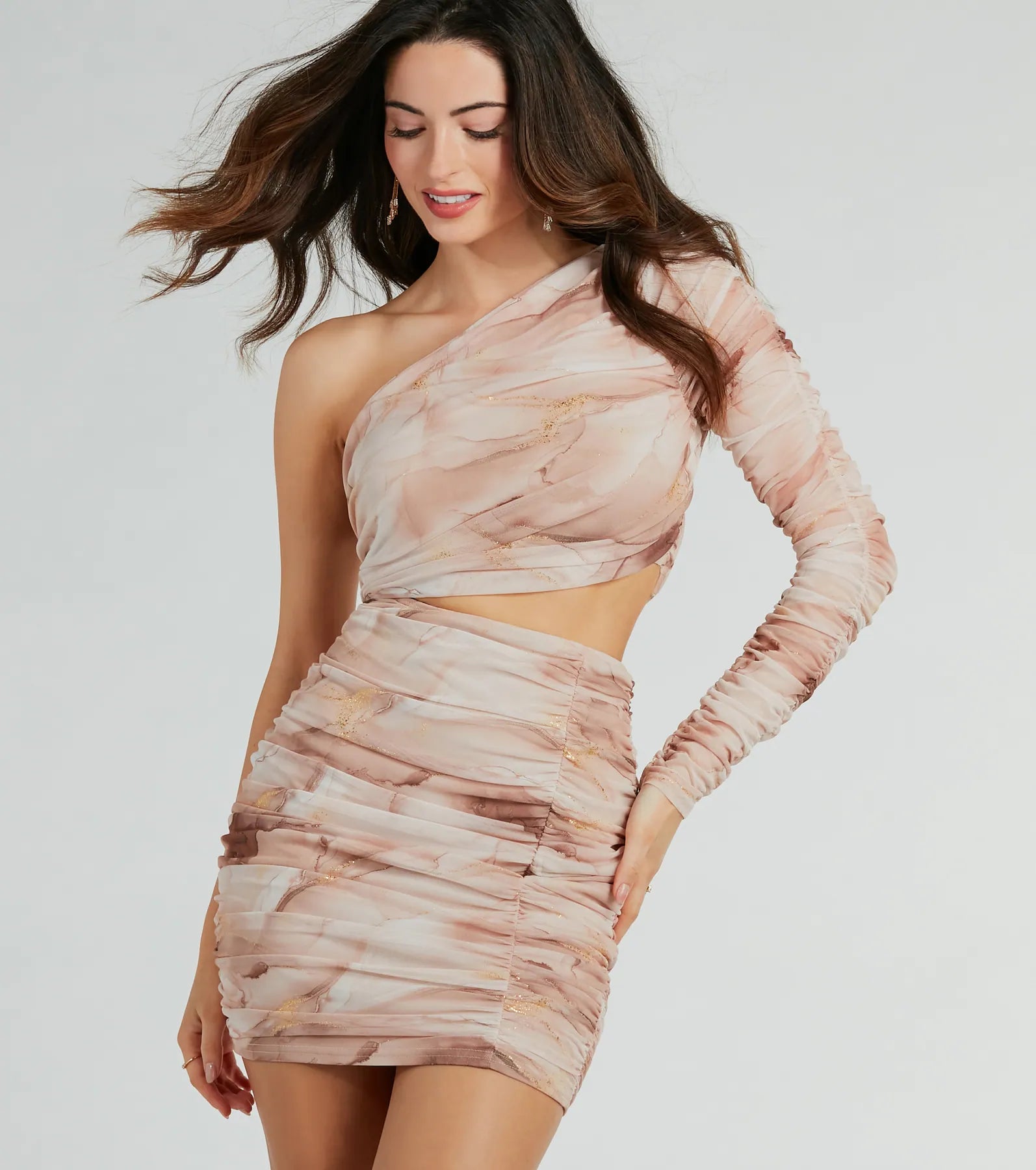 Glamorous Goddess One-Shoulder Mini Dress Fashionable Pleated Mini Dress