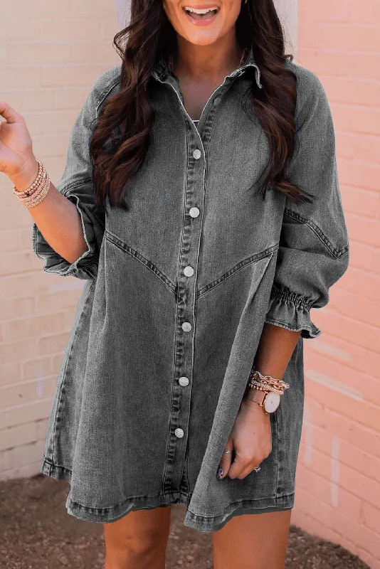 Gray Buttoned Long Sleeve Denim Mini Dress Stylish Puff Sleeve Mini Dress