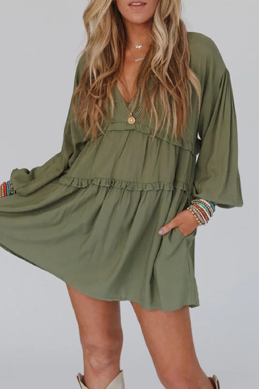 Green V Neck Puff Sleeve Frill Tiered Mini Dress Stylish Puff Sleeve Mini Dress