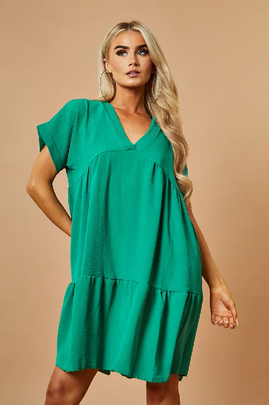 Green V-Neck Tiered Frill Mini Dress - Kate Cozy Satin Mini Dress